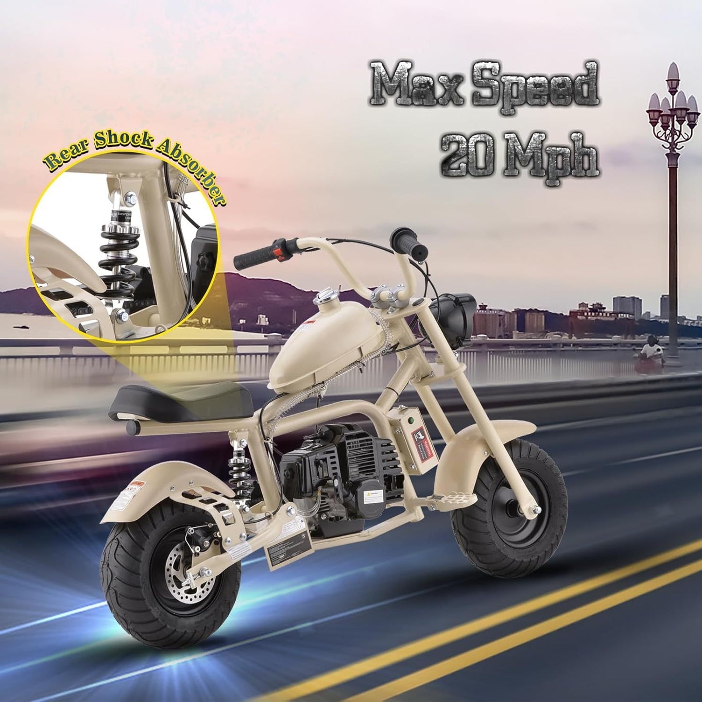 HOVER HEART Gas Mini Chopper Bike, DB003 Model 49.4 CC 2-Stroke Dirt Bike with Rear Shock Absorber, Headlight, Metal Frame, Rear Disc Brakes, Max Load 165Lbs, Up to 20Mph, EPA Approved